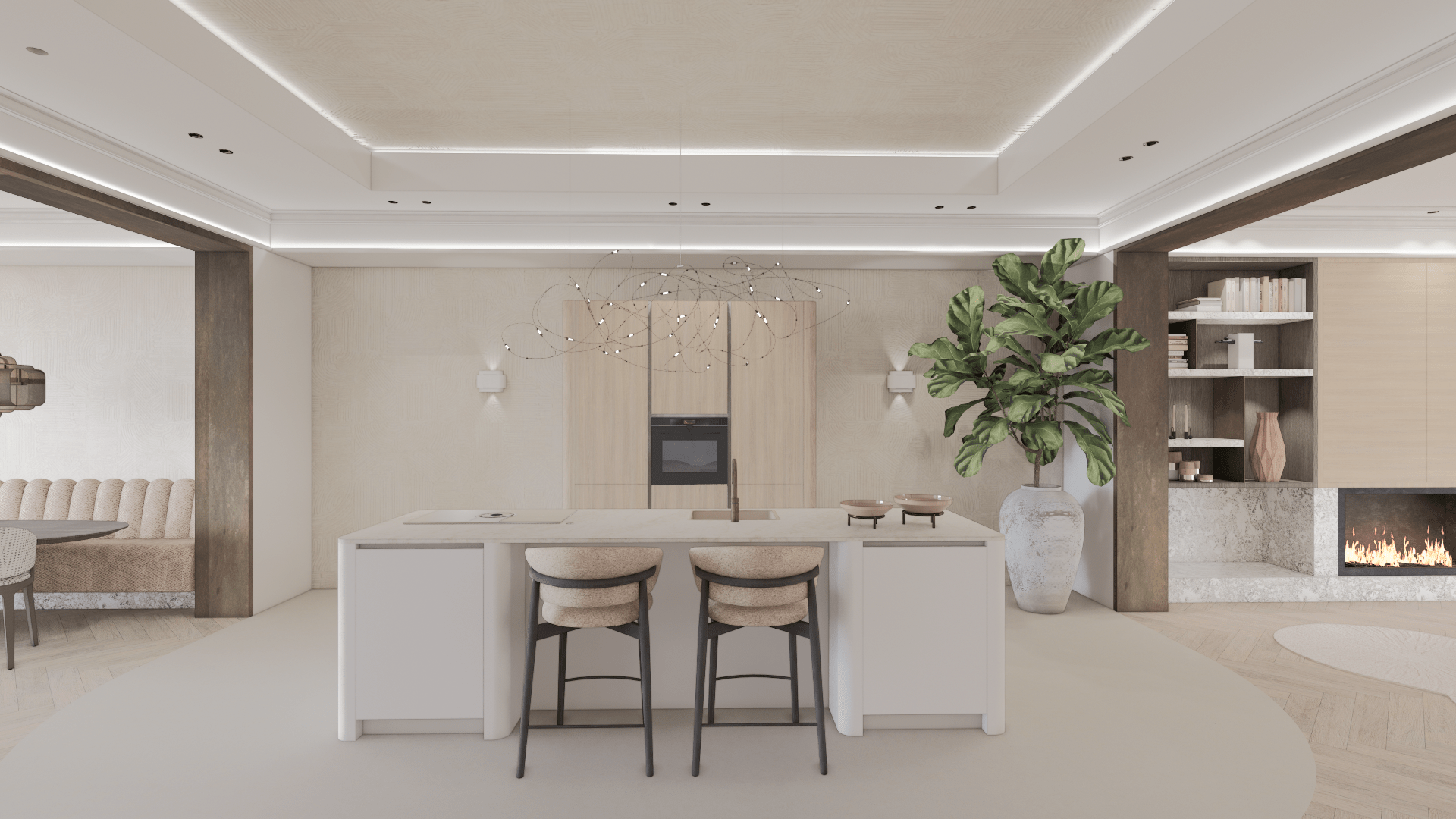 Een luxe, modern Japandi-stijl keukeninterieur met een groot wit kookeiland, twee beige barkrukken en een minimalistische houten kastenwand op de achtergrond. Boven het eiland hangt een artistieke, wolkachtige draadlamp. Rechts staat een grote kamerplant in een rustieke pot naast een ingebouwde open haard en boekenkast. De ruimte heeft een zacht kleurenpalet van beige, crème en licht hout met verfijnde indirecte plafondverlichting.